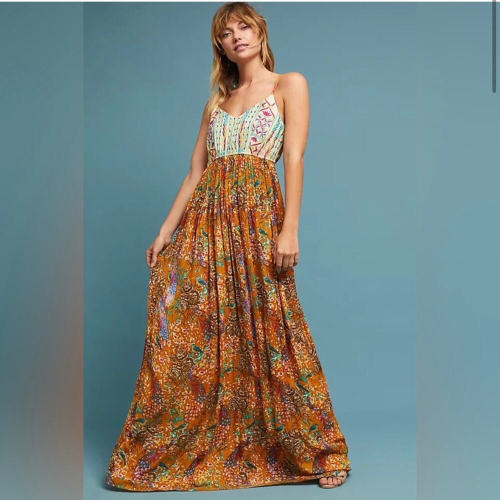Anthro Raga Parkland Embroidered Maxi Dress Boho Peacock Sz Small Orange Pink
